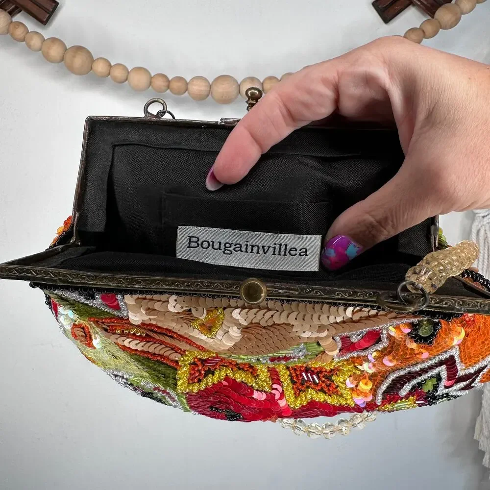 Vintage Bougainvillea Sequined Floral Clutch Metal Clasp Strap Bag